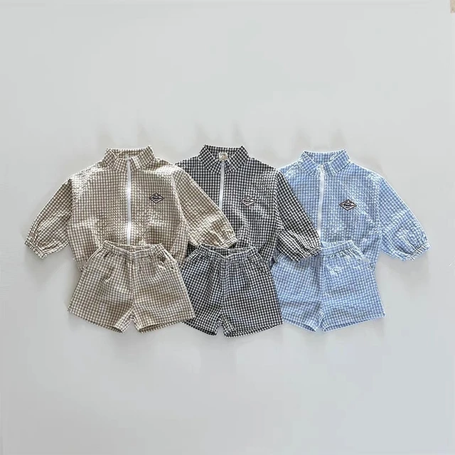 TZ2624 – ensemble veste et short à col montant à carreaux pour enfants, vêtements de Protection solaire à fermeture éclair fine, tenue deux pièces tendance, été 1