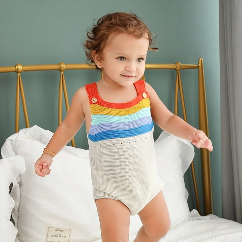

Newborn Infant Baby Summer Sleeveless Bodysuit Knitted Rainbow Striped Button Onesies Romper Toddler Tank Top Jumpsuit Playsuit