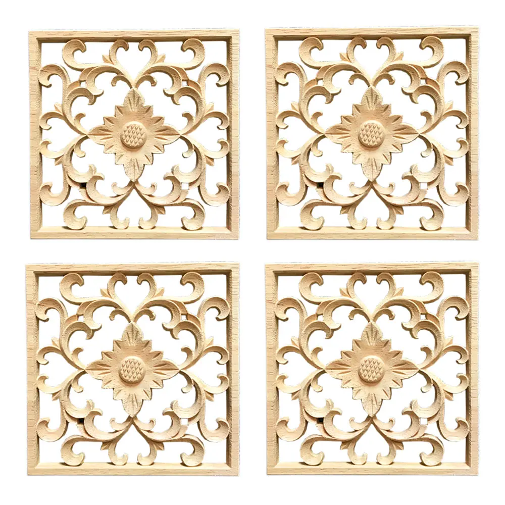 

4pcs Wood Carved Mouldings Corner Applique Onlay for Furniture Home Door Decal Square Rubber Oak Applique Home Decoration