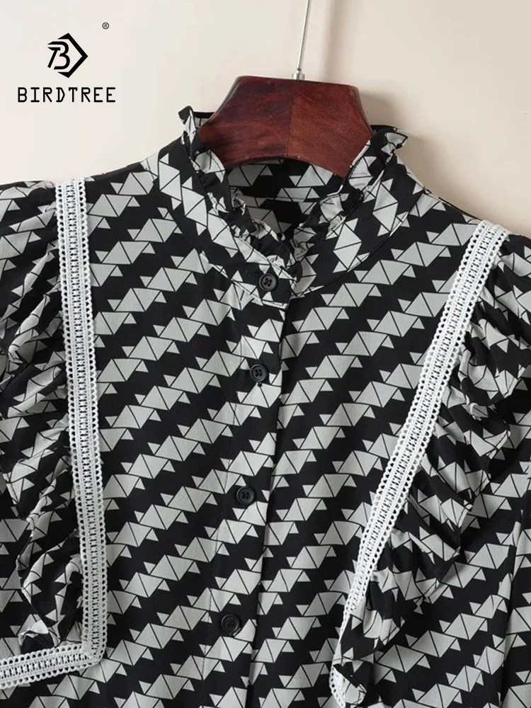 

Birdtree 2024 Spring/Summer,100%Mulberry Silk Printed Shirt,Women's Ear Collar Long Sleeve Elegant Black Blouse New T38041QC
