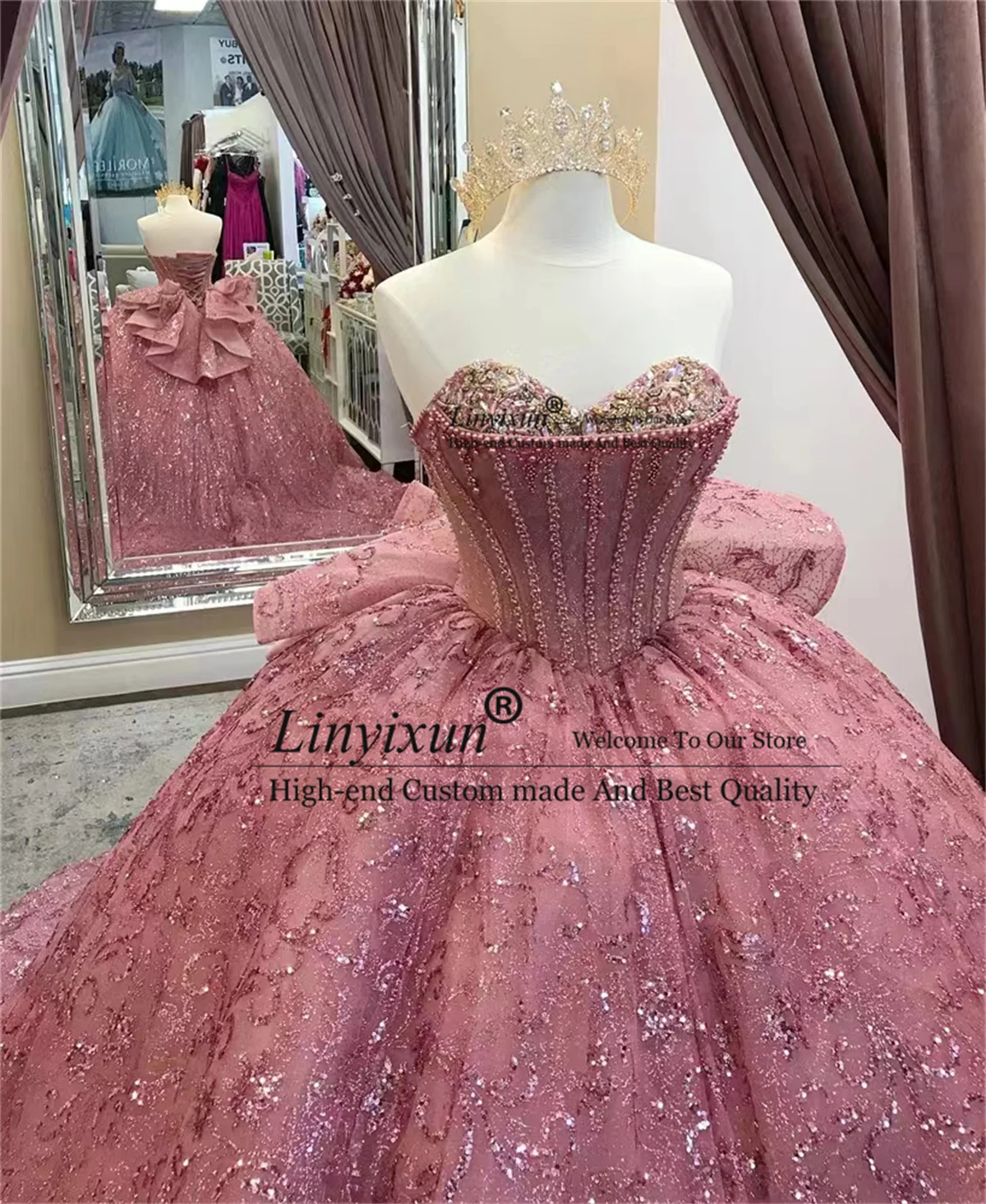 Sparkly Pink Beaded Quinceanera Dresses Ball Gown Sweetheart Sweet 16 Dress  Rose Gold Sequins Lace-up Vestidos De XV 15 Años