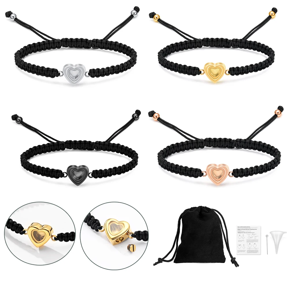 Women Memorial Ashes Bracelet Braided Rope Transparent Heart Mini Urns Ashes Holder Keepsake Jewelry Bangle Length Adjustable 2