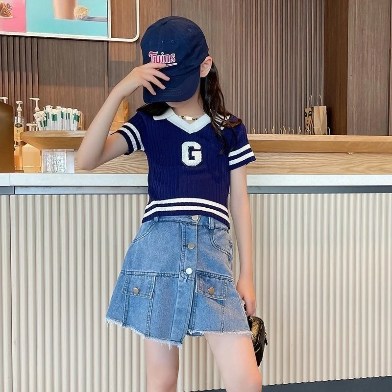 여아 데님 스커트 반바지 세트 여름 2026 키즈 캐주얼 투피스 의상 귀엽고 스타일리쉬하며 편안한 큰 여자아이들을 위한 5-12세용