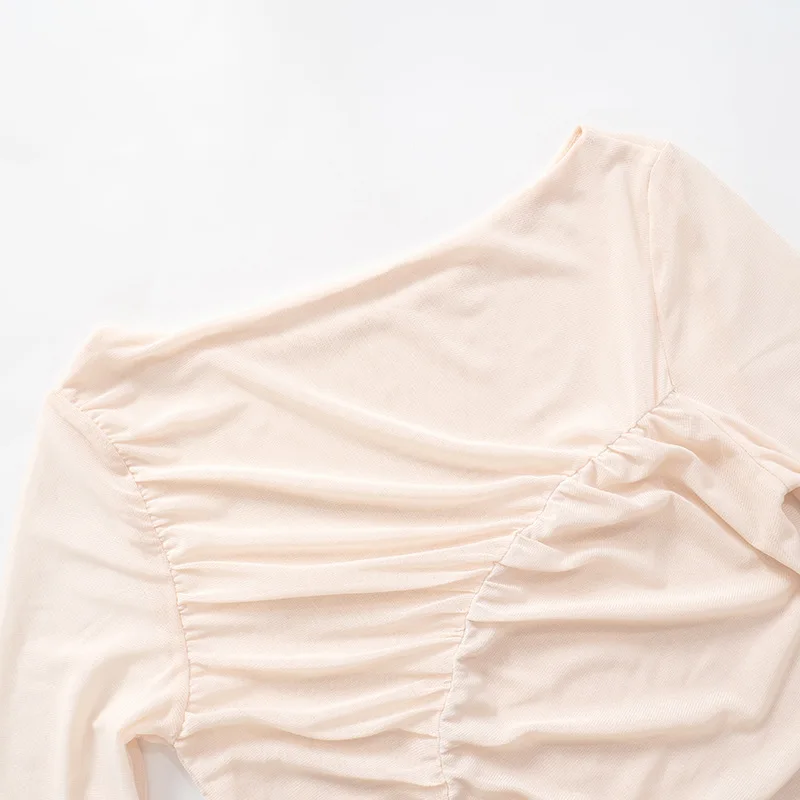 Summer See-Through Mesh T-shirt Top Women Pleated Patchwork See-Through Slim Cropped Top Tee Female Solid T-shirt Pullover