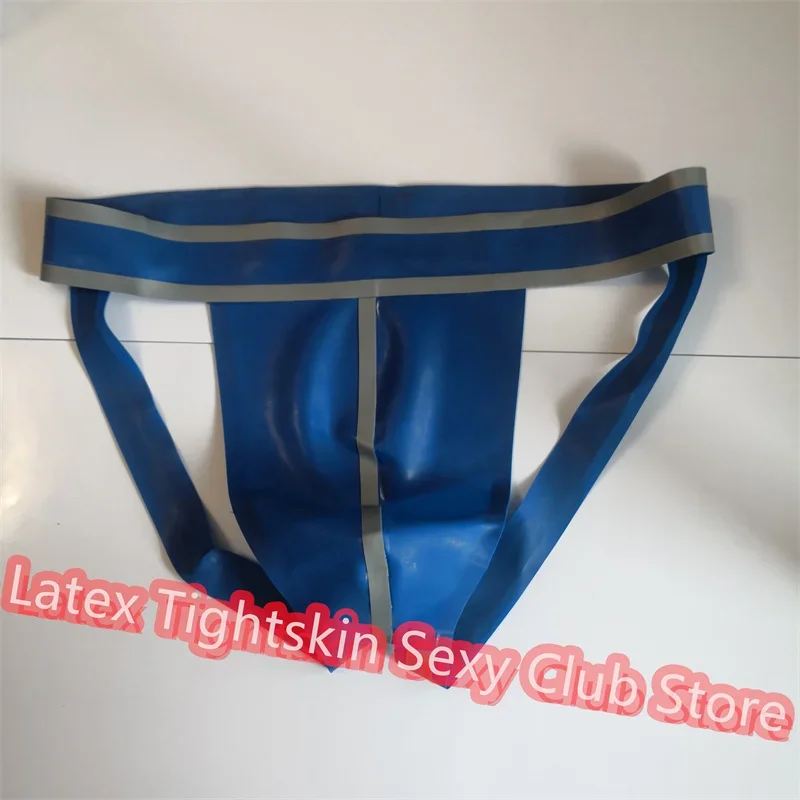 Sexy Latex Briefs Blue Silver Trim Open Hip Fetish Rubber Shorts Underwear Club Wear for Men