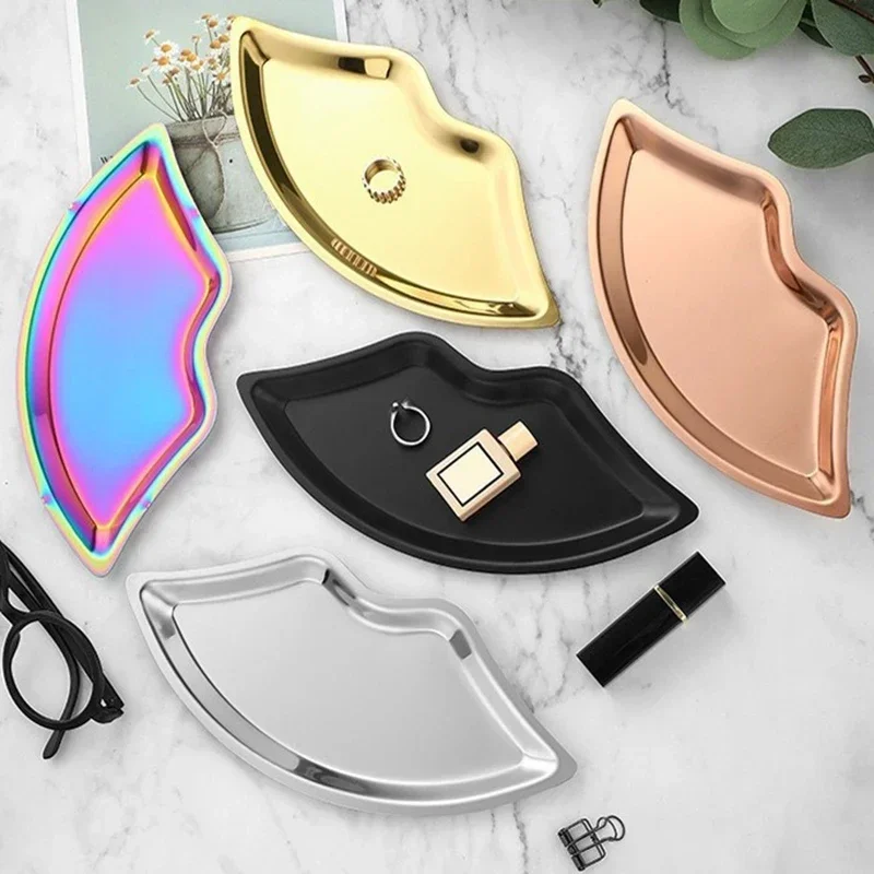Ins Style Stainless Steel Lip Shaped Jewelry Tray Home Cosmetics Metal Decoration Tray Female Jewelry Storage Tray Decorative