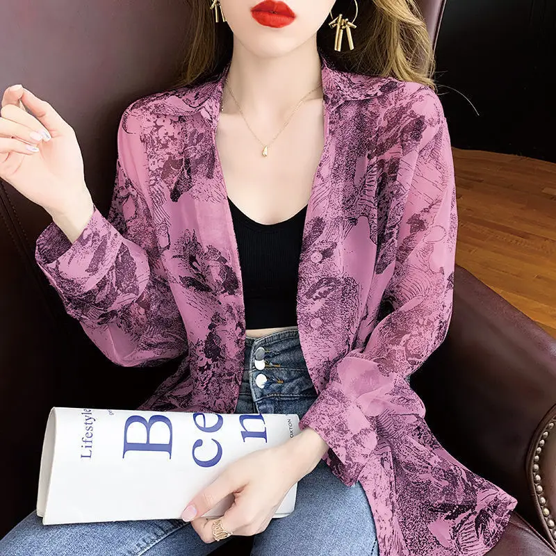 Japanese Style Retro Summer Chiffon Blouses Women's Polo-Neck Button Printed Long Sleeve Loose Fashion Sunscreen Clothing Shirts