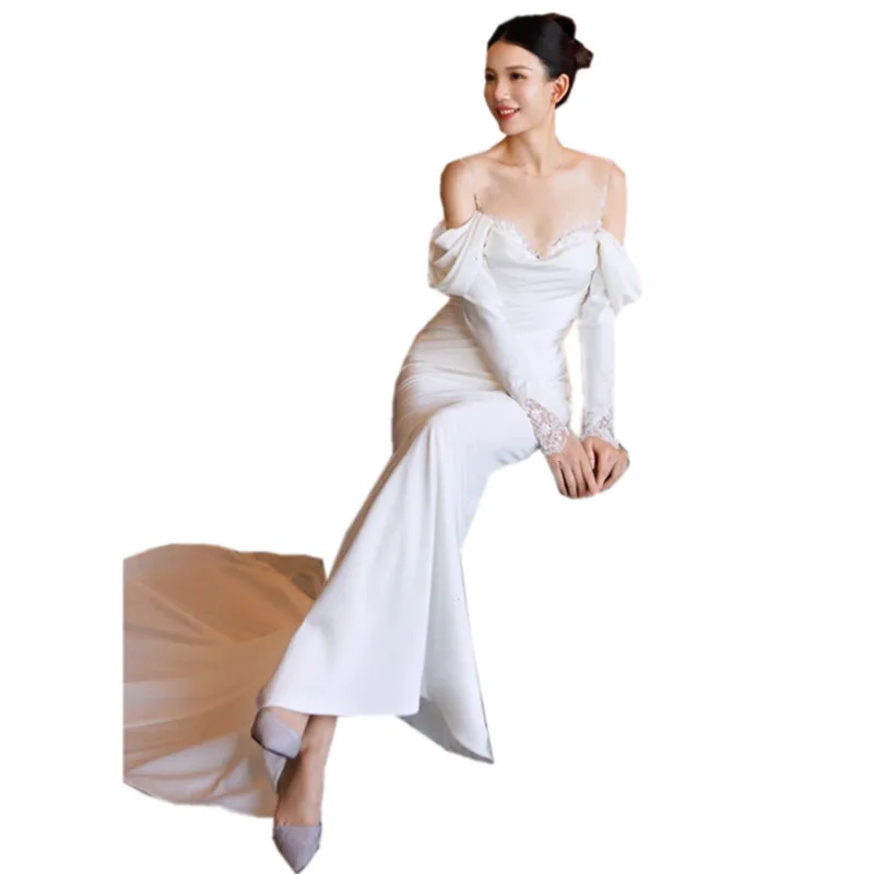 High-end And Fashion Wedding Dresses Wedding Bride French Minimalist White Slimming Fish Tail Long Sleeve - 2