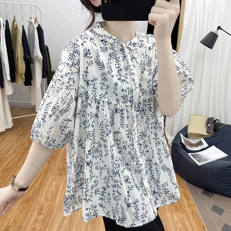 Elegant Fashion Harajuku Slim Fit Female Clothes Loose Casual All Match Tops Women Printed Button O Neck Short Sleeve Blusa