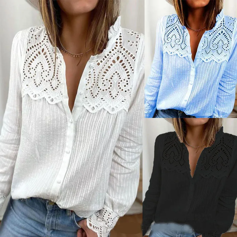 

2023 Autumn New Women's Blouse Lace Hollow V-neck Single-breasted Solid Colour Splicing Shirt Female Casual Loose Lace Shirt