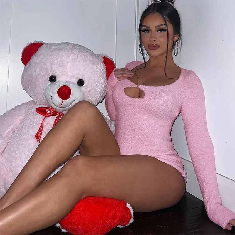Pink Fur One Piece Jumpsuit Furry Sexy Jumpsuits 2023 Fall Women Club Wear Rompers Elegant Luxury Bodycon Bodysuits Playsuits