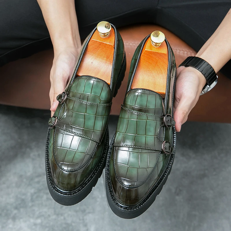 Leather Shoes English Style Double Button Loafers Mens Fashion Handmade Thick Bottom Loafers Man Party Wedding Shoes Spring Soft Moccasins