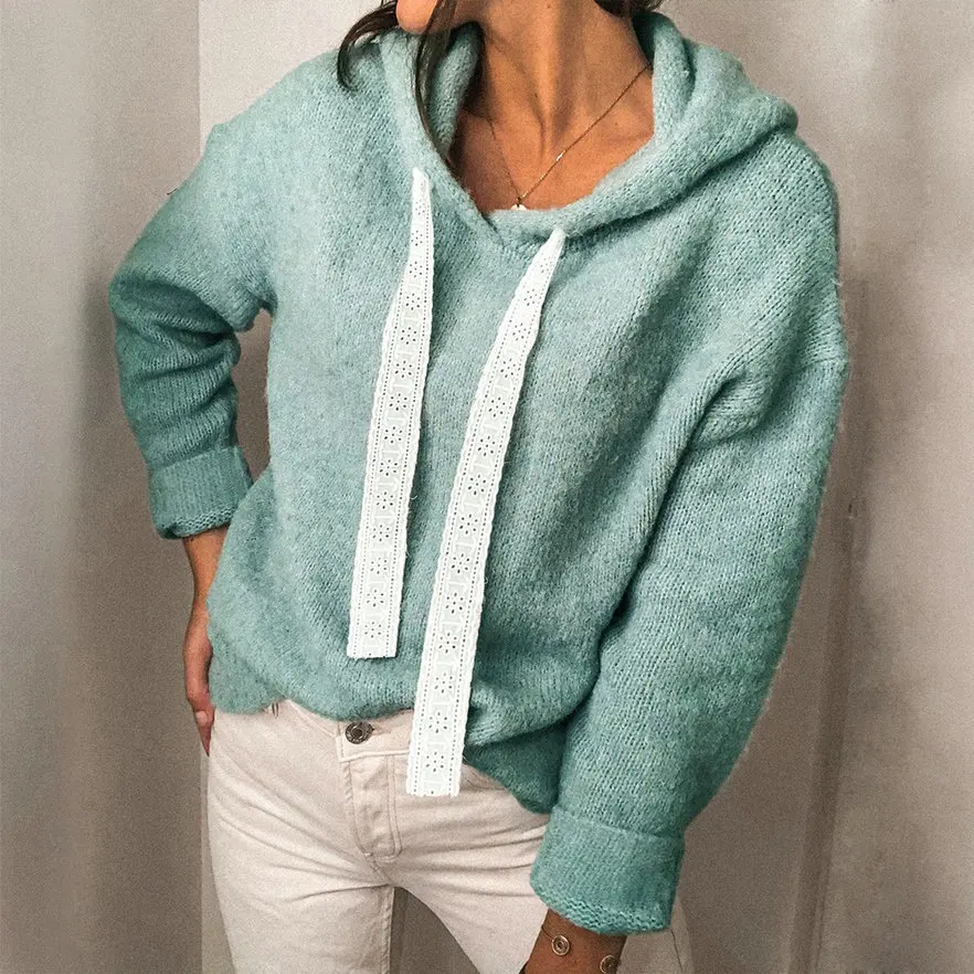 Green Tops 2023 Women Autumn Winter Hoodies Long Sleeve Solid Lace Sweatshirt Casual Knitted Hooded Pullover Ladies Streetwear