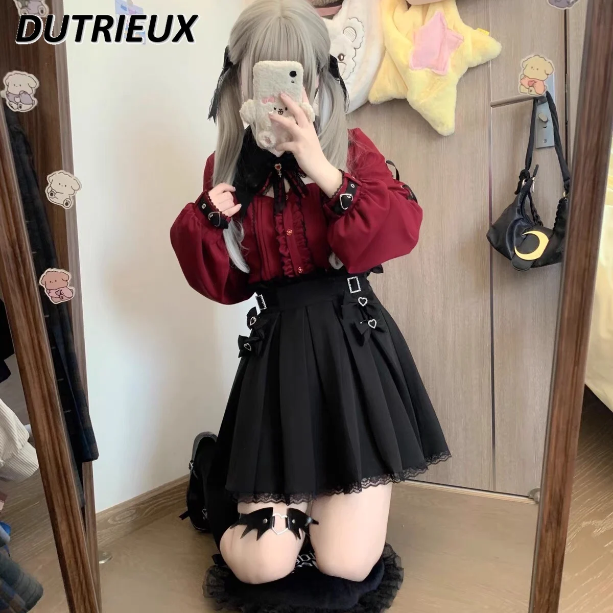 

Halloween Sweet Cool Mine Style Tops Bat Lace Collar Black Red Long Short Sleeve Shirt Top and Short Suspender Skirt for Women