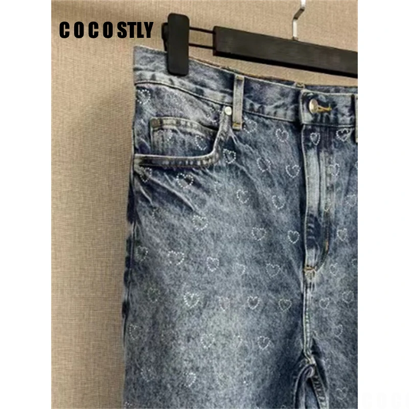 

Cocostly Diamonds Heart Shape Decor Denim Pants for Women 2024 Spring New Sweet Ladies High Waist Straight Jeans with Pockets