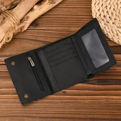Men's Genuine Leather Trifold Wallet with Chain and Zipper, Card Holder & Coin Purse (Black2)