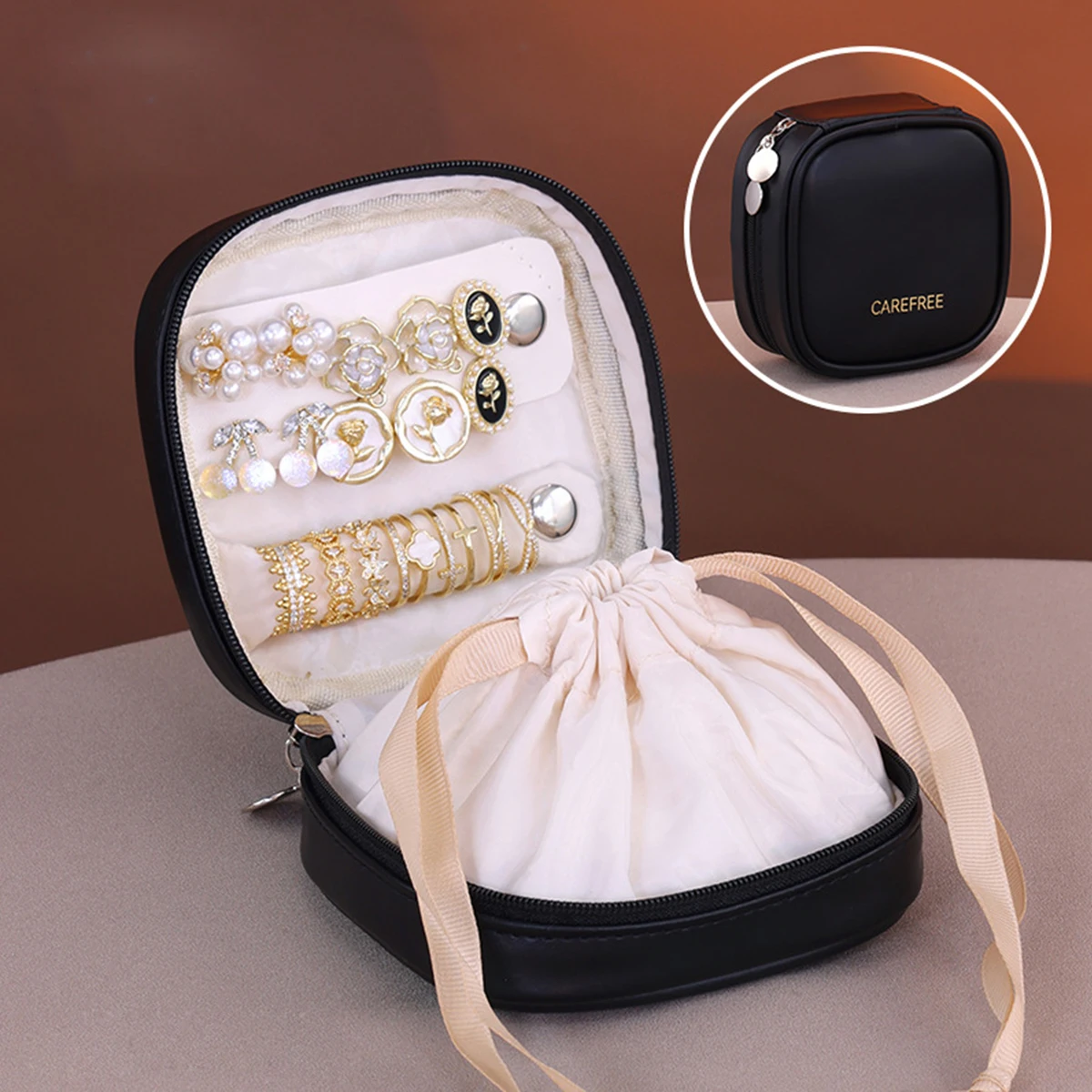 휴대용 PU 보석함, 여행용 귀걸이 및 반지 정리함, 목걸이 팔찌 주머니끈 장식품 보관 가방