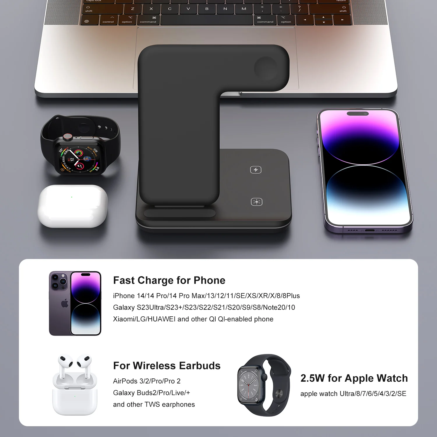 3 in 1 Wireless Charger, 18W Fast Charger Pad Stand Charging Station Dock  for iWatch Series SE 8/7/6/5/4/3 Airpods Pro/3/2 for iPhone 15/14/13/12