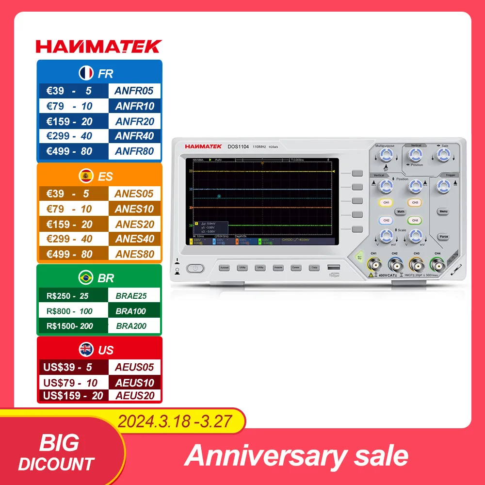 Oscilloscopio Digitale HANMATEK DOS1104 - 4 Canali, 110MHz, 1GS/s, Schermo 7 Pollici, Portatile - Foto 8