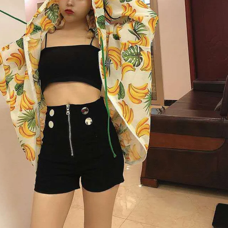 Women's Summer Korean New High Waist Denim Shorts Fashion Trend Solid Color Zipper Button Splicing Tight Versatile A-line Pants