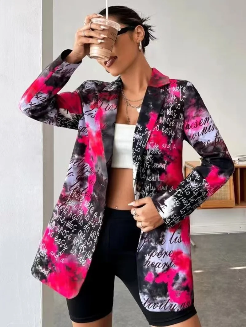 

Tie-dye Contrast Letter Full Print Loose Women Blazer Jacket High Street 2023 New Oversize Elegant Office Lady Coat Autumn Tops