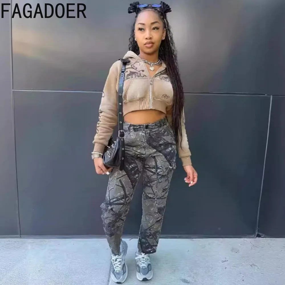 FAGADOER Spring New Splicing Camouflage Print Jogger Pants Women High Waisted Button Pocket Trousers Casual Female Trend Bottoms