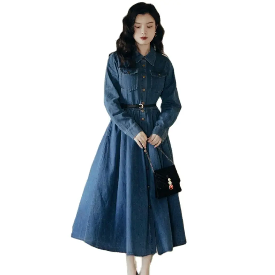 

2022 Dress Hong Kong Style Vintage Denim With Belt POLO Collar with Pocket Free Shipping