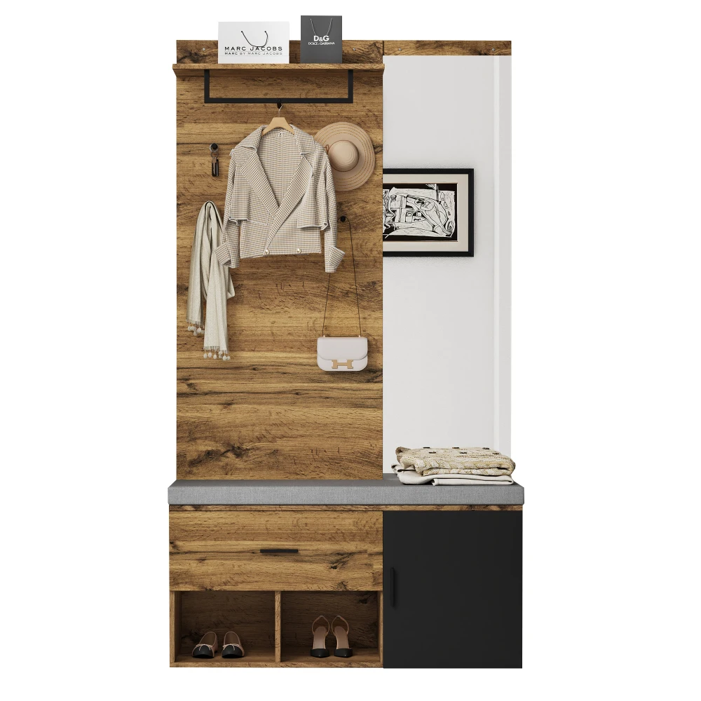 190 cm Hoher Holzkleiderschrank-Set mit Spiegel, Schuhbank (104 x 39 cm) mit Polsterung, Schuhschrank, Schublade, Regal, Kleiderhaken – Detail 9