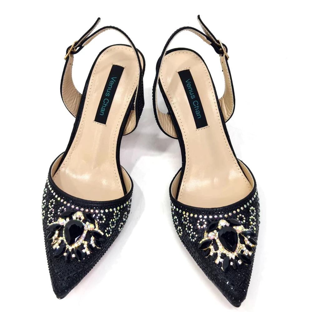 Venus Chan 2024 Latest Wedding Pointed Toe Women's Shoes High Heel Black Color Rhinestones italian shoes and bags matching set - Image 5