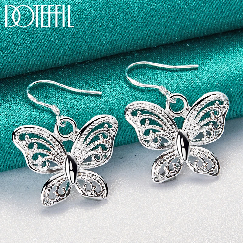 DOTEFFIL 925 Sterling Silver Hollow Butterfly Drop Earring For Women Wedding Engagement Party Fashion Charm Jewelry