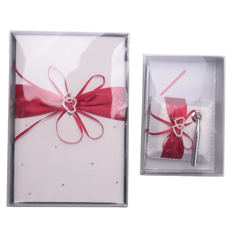 Wedding Guest Book With Pen Holder Sets Satin Bows Signature Book With Diamonds Love Shape For Party Decorations Retail