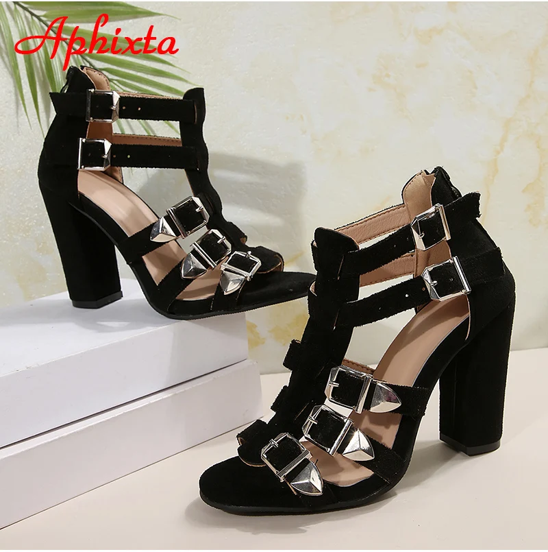 Aphixta 10cm High Chunky Heels Summer Ankle Strap Sandals Metal Belt Buckle Women Peep Toe Shoes Party Dress Back Zipper Shoes