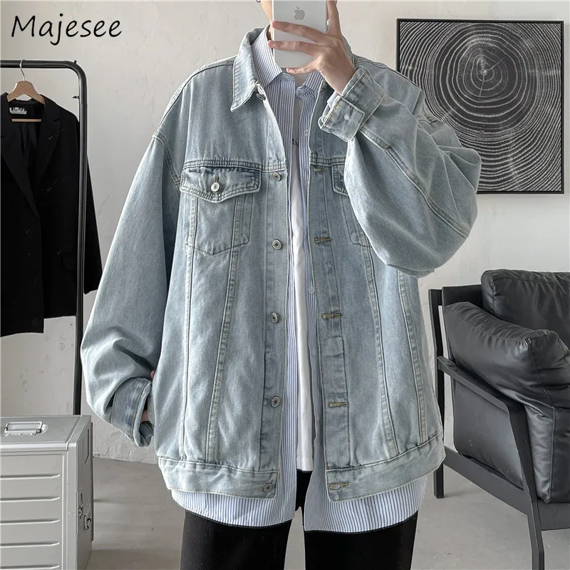 

Джинсовая куртка мужская однотонная, свободная верхняя одежда с отложным воротником, шикарная простая универсальная винтажная одежда в стиле K-POP, новая модная Осенняя повседневная куртка, уличная одежда