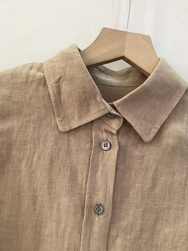 

Женская льняная рубашка с отложным воротником, свободная простая однобортная блузка из 100% льна с длинным рукавом, весна-лето 2024