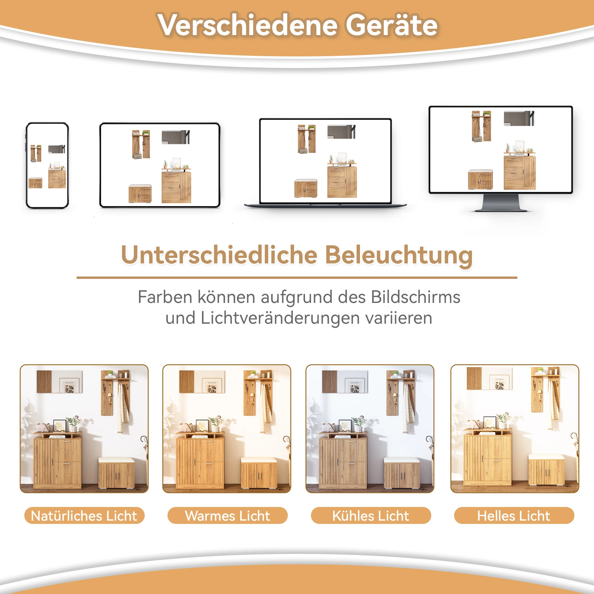 Flur-Kleiderschrank-Set, wandmontiert; Kleiderschrank-Set mit Schuhbank und Schuhschrank, 1 Spiegel, 4 Haken, 5 Türen, naturfarben – Detail 17