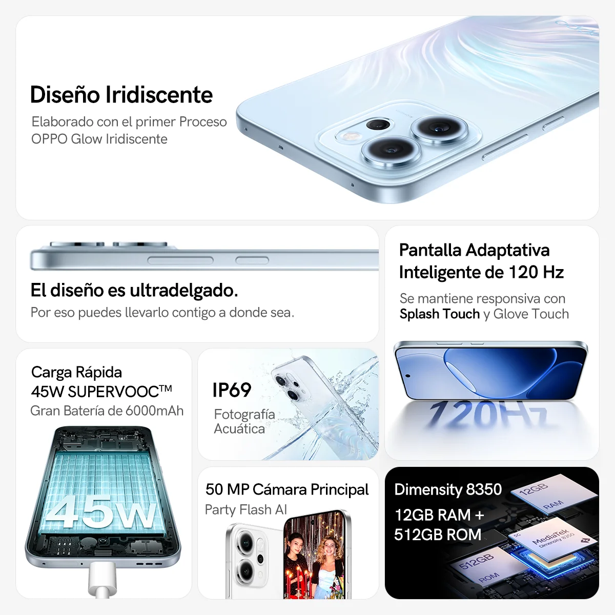 OPPO Reno 14 F 5G, Teléfono Móvil Oficial, Pantalla OLED de 6.59 Pulgadas, Resolución 1080 x 2372, 12GB-256GB, Carga de 45W, 6000mAh, Android 15.0 OTA, Verde 6