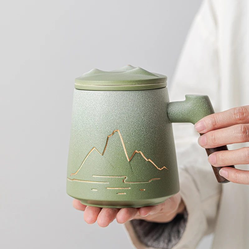 Chinese Style Ceramic Mugs, Home Personal Office Creative Teacup With Cover, Filtered Tea Water Separation, Tea Cups, 480ml, 1Pc