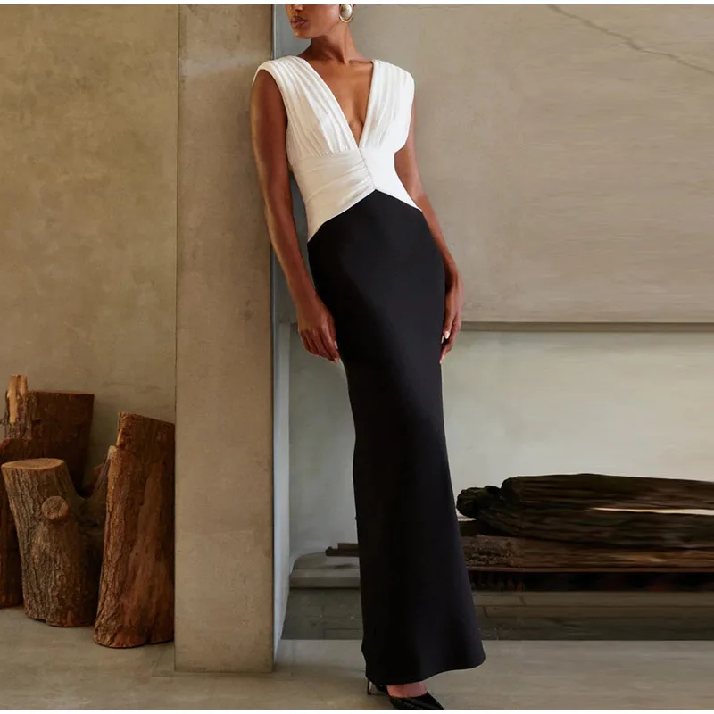 Elegant Deep V-neck Patchwork Long Dress Women Vintage Pleated Sleeveless Slim Fit Dresses Female Spring Chic Street Office