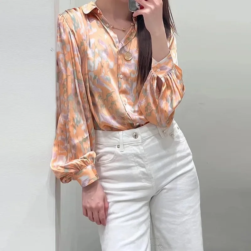 

Женская винтажная блузка с отложным воротником, свободная рубашка с длинным рукавом и цветочным принтом, весна-лето 2024