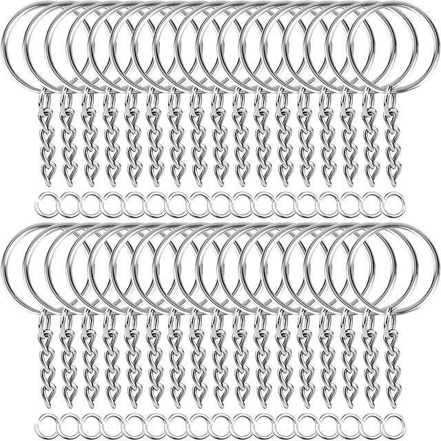 30pcs Silver Plated Metal Blank Keyring Keychain Split Key Ring with Chain Climbing Buckles Carabiner Keychain Rings Accessories