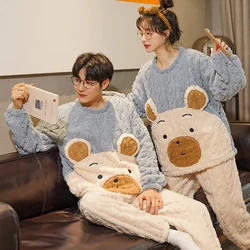 Couple Winter Seepwear for Sleeping Korean Style Cartoon Embroidery Men's Pajamas Set Thicken Flannel Comfortable pijama hombre