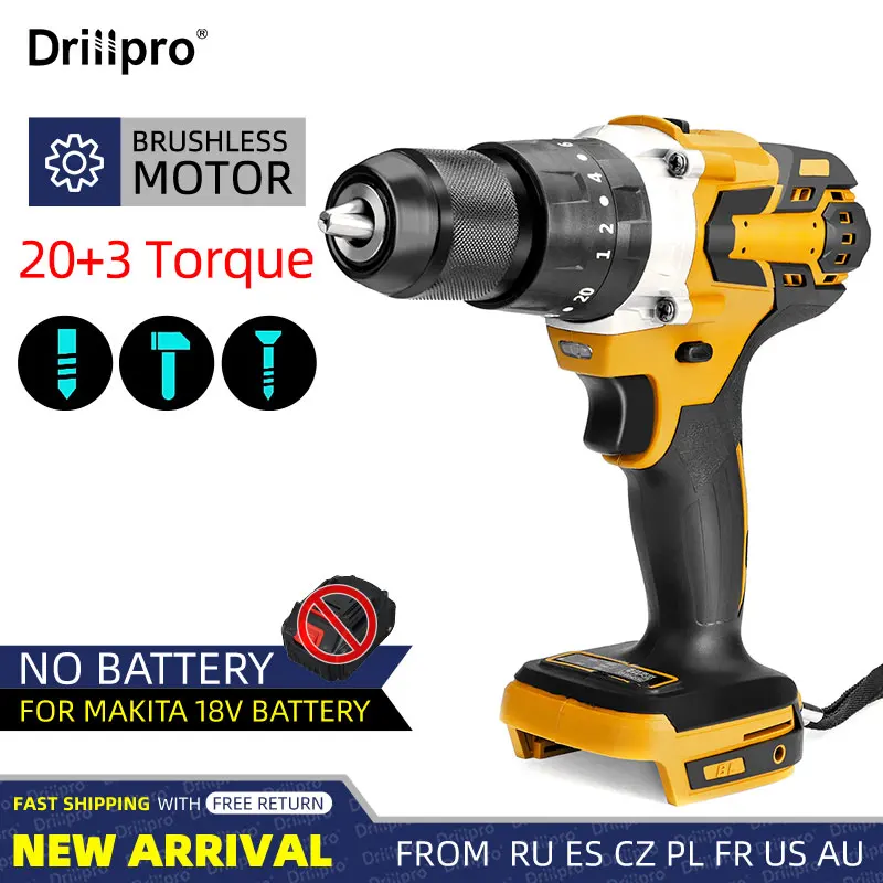 

Drillpro 20+3 Torque 13mm Brushless Electric Hammer Drill Cordless Impact Electric Screwdriver Power Tool for 18V Battery