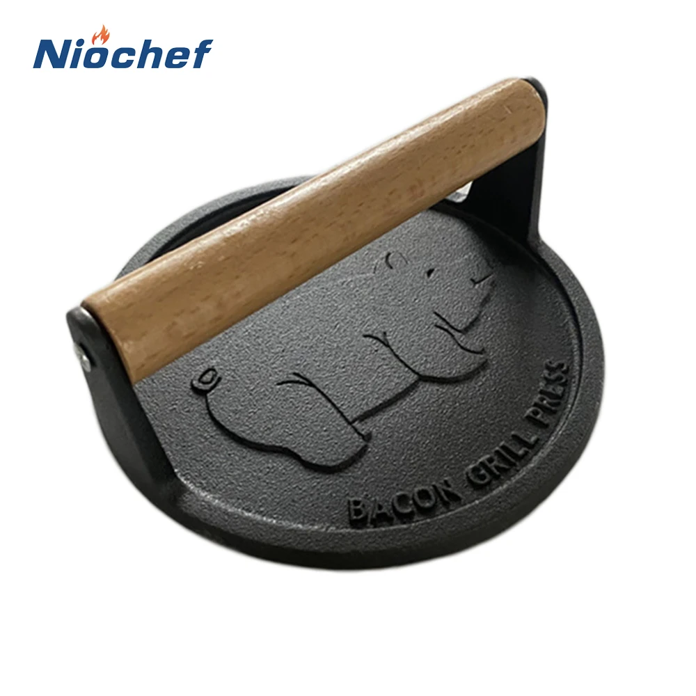

Round Cast Iron Meat Press Kitchen Burger Press Meat Beef Food Mold Non-Stick With Wooden Handle BBQ Grill Skillet Cooking Tools