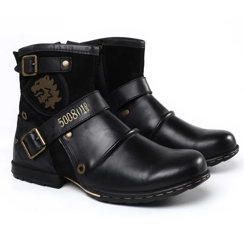 Fashion Men's Shoes Boots Warm Leather Vintage Motorcycle Male Boots Riding Retro Metal Style Zippers Men's Shoes motorcycle shoes motorcycle boots
