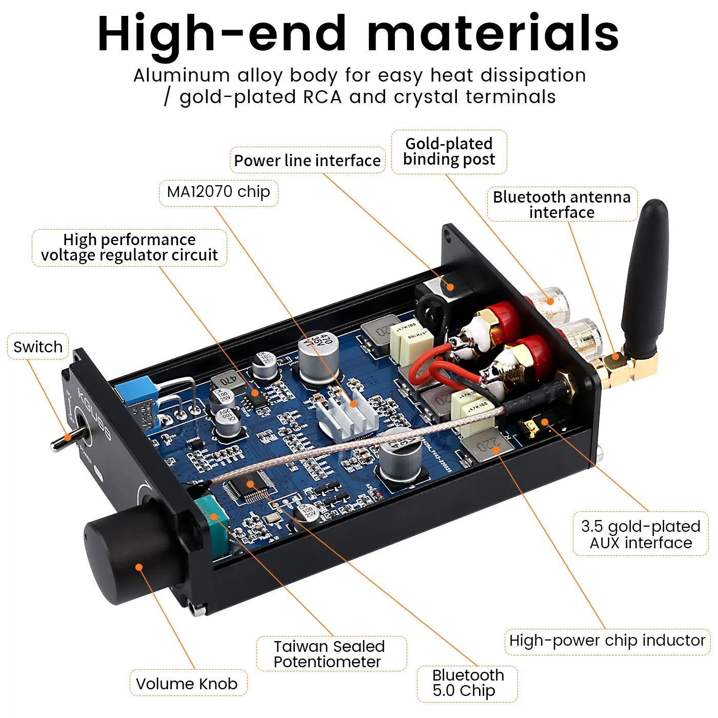 KGUSS D70 MA12070 HIFI 클래스 D 디지털 앰프 Bluetooth 5.0 70W *2 데스크탑 오디오 전력 증폭기