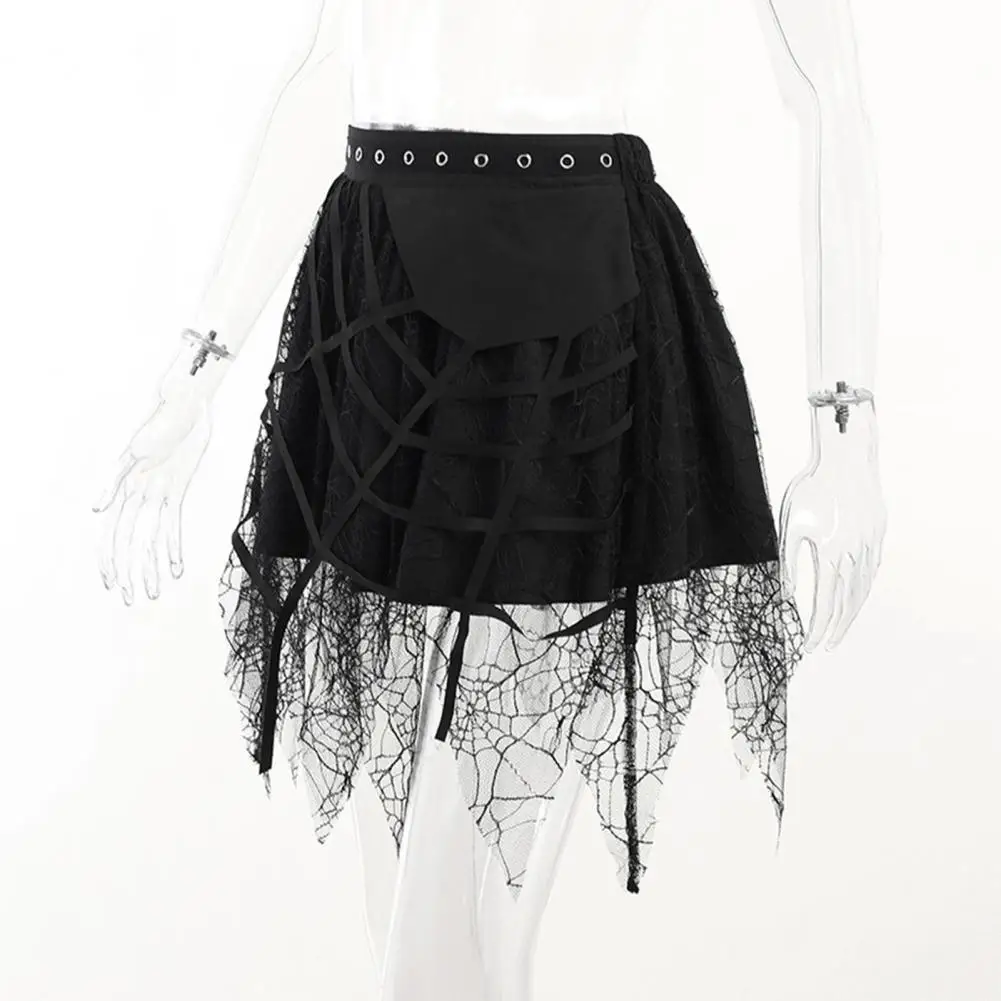 Women Skirt Halloween Spider-Web Decor Tassel Mini Skirt Elastic Waist Big Hem Gothic Metal Holes Summer Skirt Party Garment 6