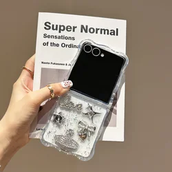 Wave Texture 3D Glitter Star Diamond Phone Case with Chain - Clear Shockproof Protective Cover for Galaxy Z Flip5 (Only Case)