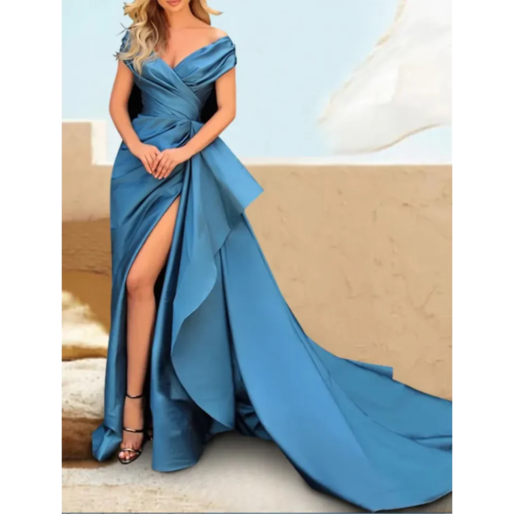 

Elegant Satin Prom Dresses With Slit Robe De Soiree Sheath Pleats V-Neck Sweep Train Formal Party Dresses for Women