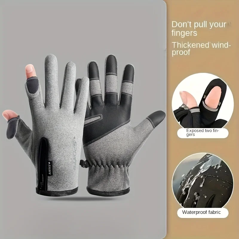 WRELS  Autumn Winter Warm Cycling Gloves Windproof Skiing Fish Touch Screen 2 Finger Flip Waterproof Thermal Anti-slip Gloves 4