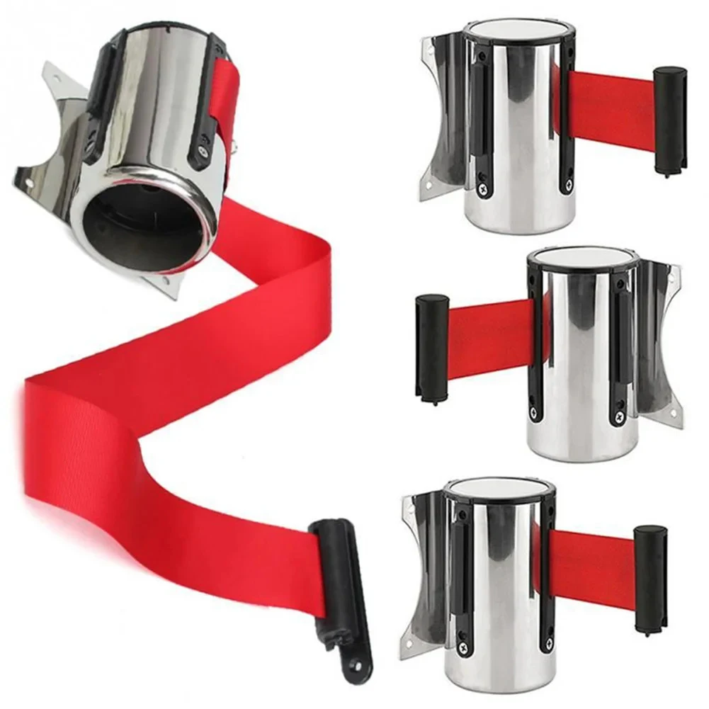 Stainless Steel Retractable Tape Barrier 1pc 2/5m Evacuation Crowd Control Wall Mounted Red Band Motion Post Queue Rope Barrier